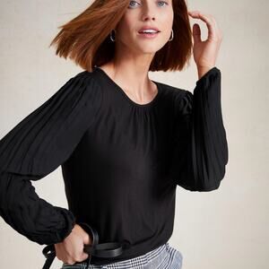 Talbots 1X Black Pleated Blouse Long Sleeve Flowy Career Top NWT Plus Size